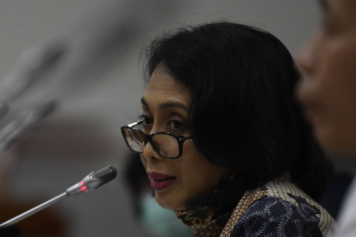 Menteri PPPA I Gusti Ayu Bintang Darmawati dalam rapat kerja bersama Komisi VIII DPR di Kompleks Parlemen Senayan, Jakarta, Selasa (23/6).