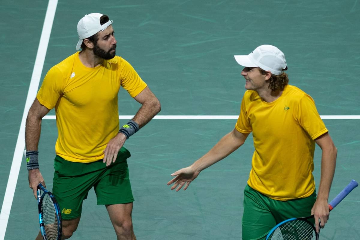 Petenis Australia Jordan Thompson (kiri) dan Max Purcell