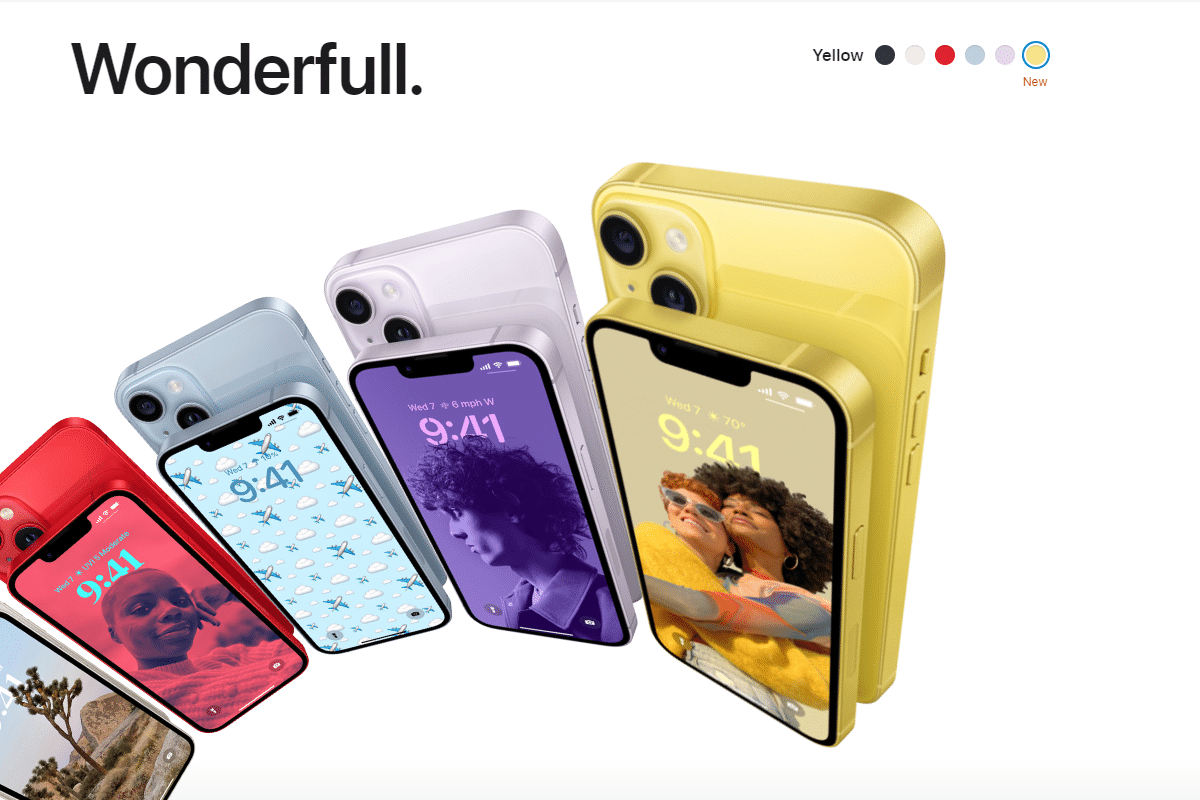 Tangkapan layar situs Apple yang memperlihatkan warna baru, yakni kuning, untuk Iphone 14.