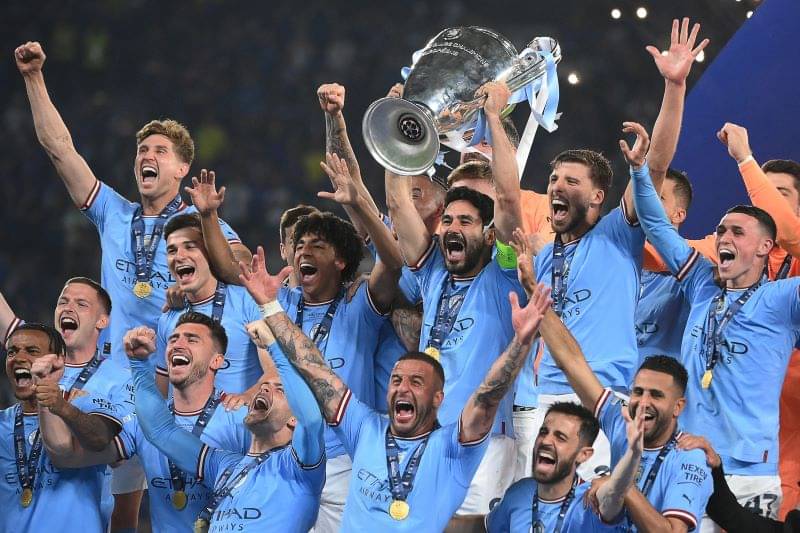 Para pemain Manchester City merayakan kemenangan di final Liga Champions