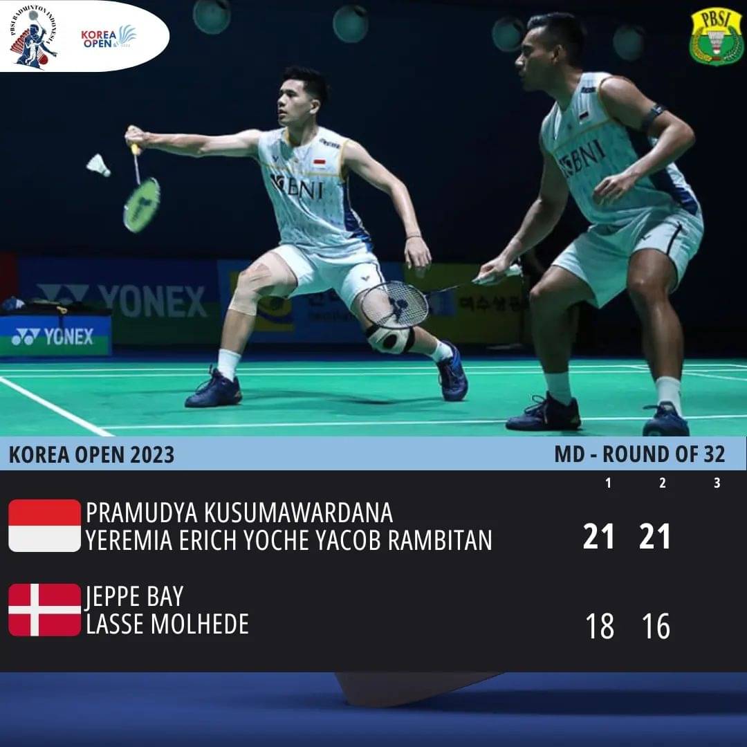 Kalahkan Denmark, Pramudya/Yeremia melaju ke babak 16 besar Korea Terbuka 2023.