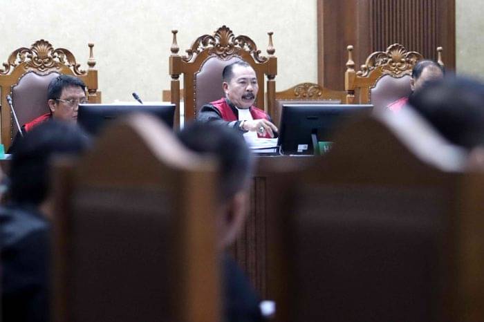 Majelis hakim kasus dugaan korupsi BTS 4G dan infrastruktur pendukung BAKTI Kominfo di Pengadilan Tipikor, Jakarta.