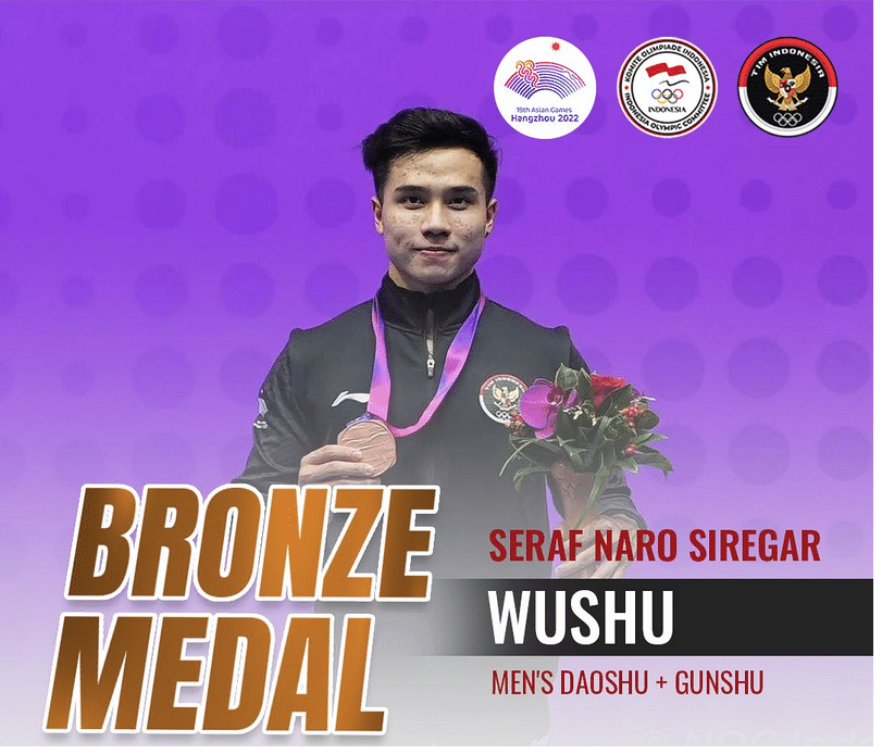 Atlet wushu Seraf Nano Siregar meraih medali perunggu dalam nomor Daoshu+Gunshu, Rabu (27/9).