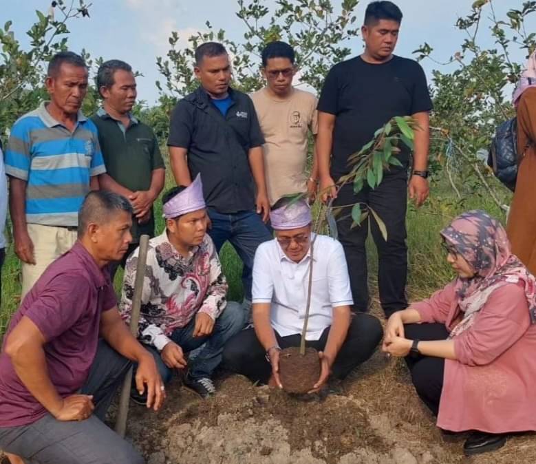 H Ayep Zaki (berbaju putih) menanam bibit pohon durian jenis Musangking.