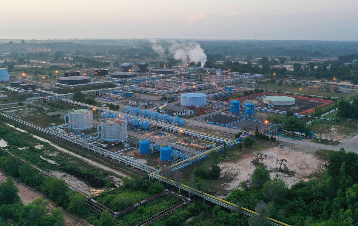 Foto udara Central Gathering Station 10 di Lapangan Duri, yang merupakan salah satu lapangan injeksi uap terbesar di dunia di Blok Rokan.