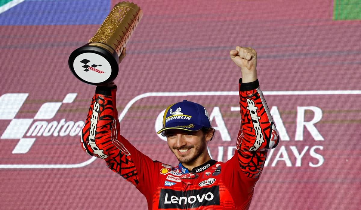 Pembalap Ducati Lenovo Francesco Bagnaia usai menjadi juara di GP Qatar