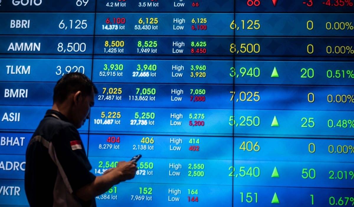 Seorang karyawan berdiri di depan layar digital yang menampilkan pergerakan Indeks Harga Saham Gabungan