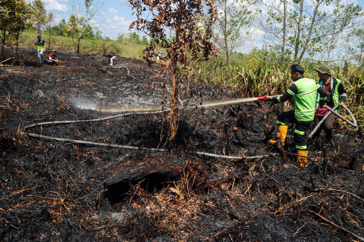 Ilustrasi,  Relawan pemadam kebakaran melakukan pembasahan lahan gambut yang terbakar di Jalan Dulin Kandang Kelurahan Kereng Bangkirai, Pal