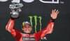 Image 38: Pembalap Ducati Lenovo Marc Marquez melakukan selebrasi di atas podium usai finis kedua di GP Catalunya.